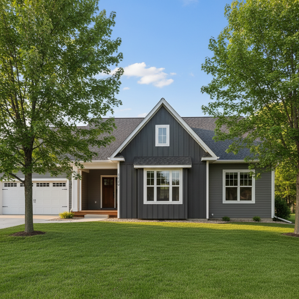 Home with dark gray board and batten siding on front gable, modern farmhouse style