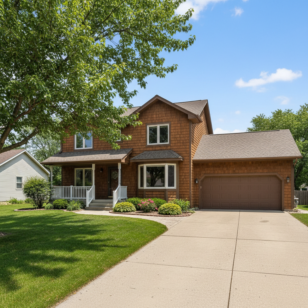 Home with brown composite engineered wood siding with visible wood grain texture