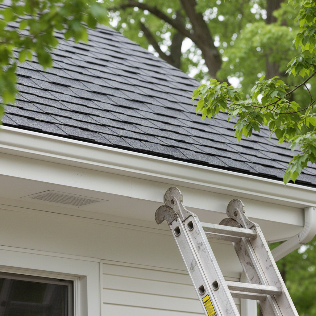 Close-up of white fascia board and gutter at roofline with ladder
