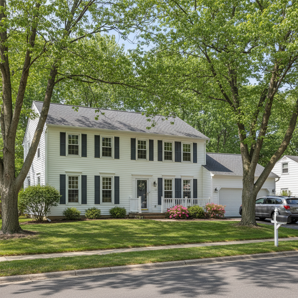 White home with fiber cement lap siding, matte finish, dark shutters