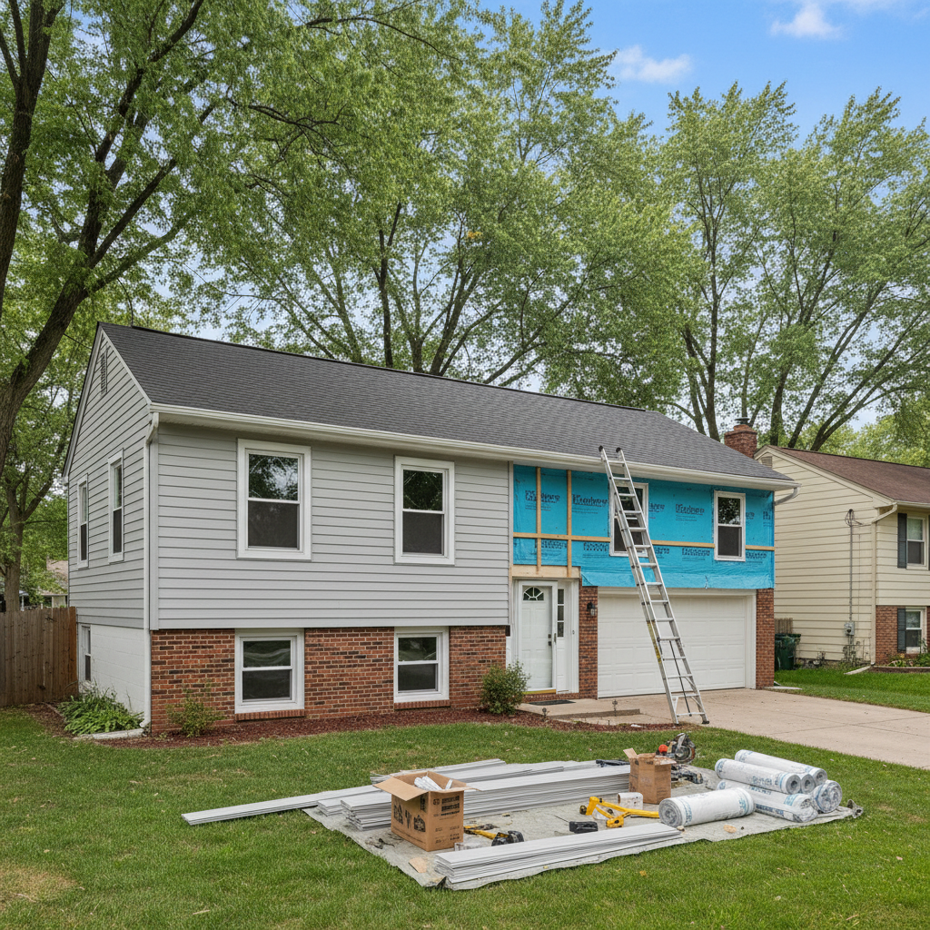 Midwest suburban home undergoing exterior siding remodel with new vinyl siding and house wrap