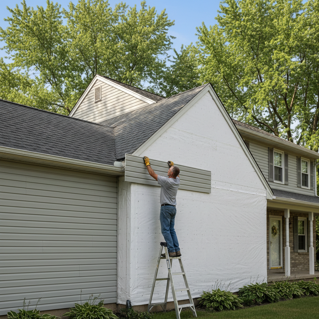 Contractor on ladder installing new vinyl siding panel on a Midwest home with house wrap exposed