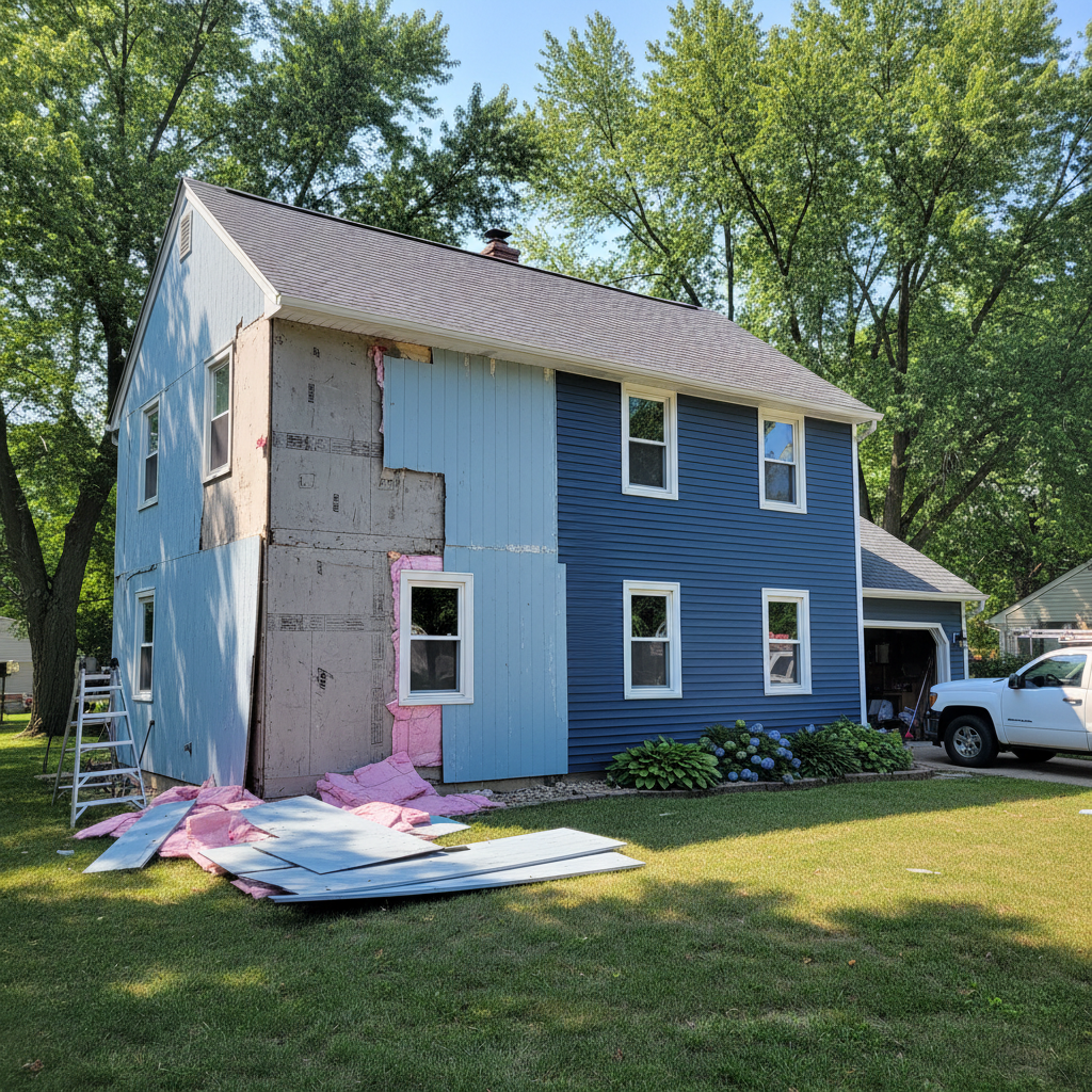 Midwest home mid-siding-replacement showing old siding removed and new siding installed